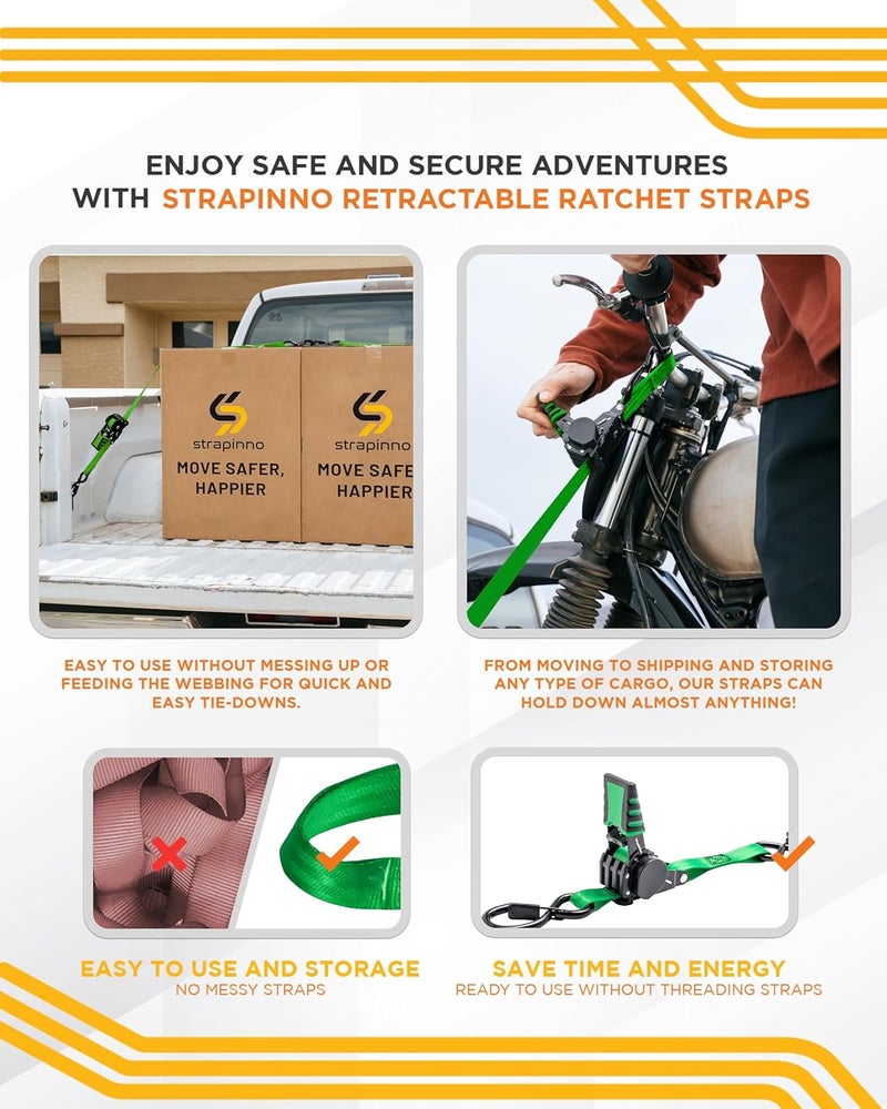 Strapinno 4pcs Retractable Ratchet Straps Bundle 1in x 6ft Ratchet Tie Down with Rubber Coated Steel Handle, S Hooks, Breaking Strength 1500 lbs Each (Green Strap, Black Coated) - Image 5